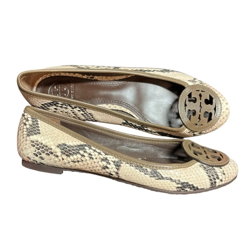 Tory Burch Louisa Python Brown Beige Black Snake Print Logo Ballet Flat Size 6.5